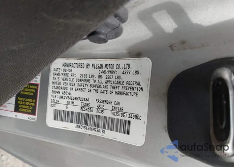 2006 Infiniti G35 z USA, uszkodzony, nr VIN JNKCV54E56M720184